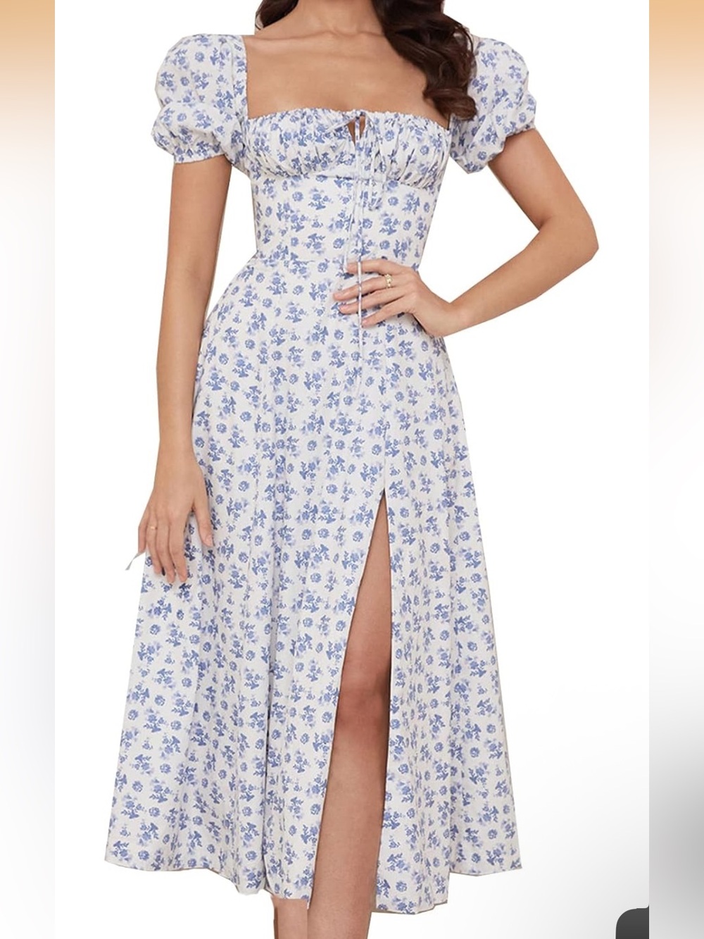Kutumai Women’s White and Blue Floral Puff-Sleeve Maxi Dress